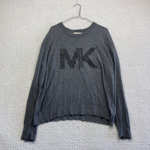 Michael Kors Mens Size L Sweater Gray Black MK Logo Crew Neck Knit Pullover Read - Picture 1 of 14